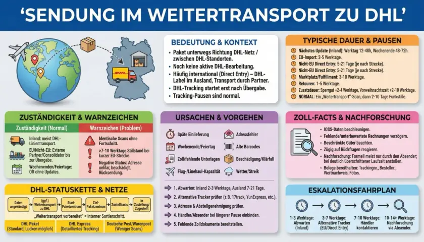 Infografik erklärt, was ist DHL Freight: Sendungen im Weitertransport, typische Dauer, Ursachen & Vorgehen bei Problemen.