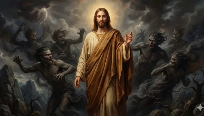Jezus w otoczeniu demonów, które przypominają faryzeuszy, symbolizując walkę dobra ze złem.
