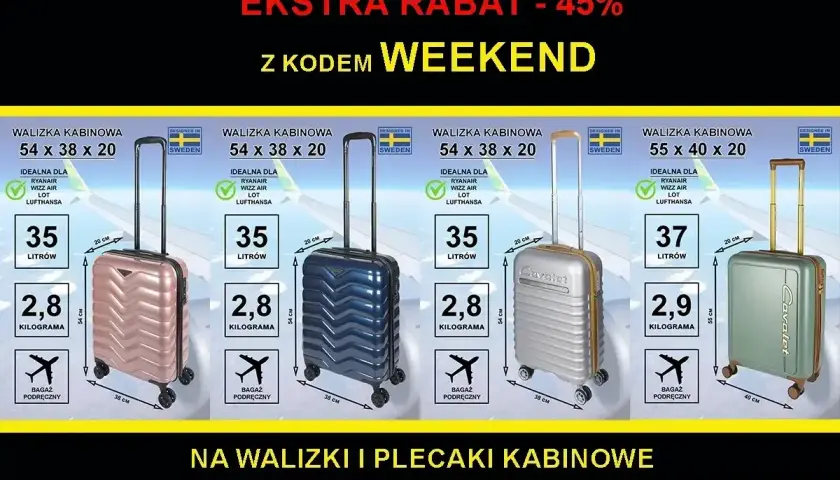 Walizki kabinowe idealne na bagaż rejestrowany Ryanair 20 kg wymiary 54x38x20 cm, dostępne w promocji.