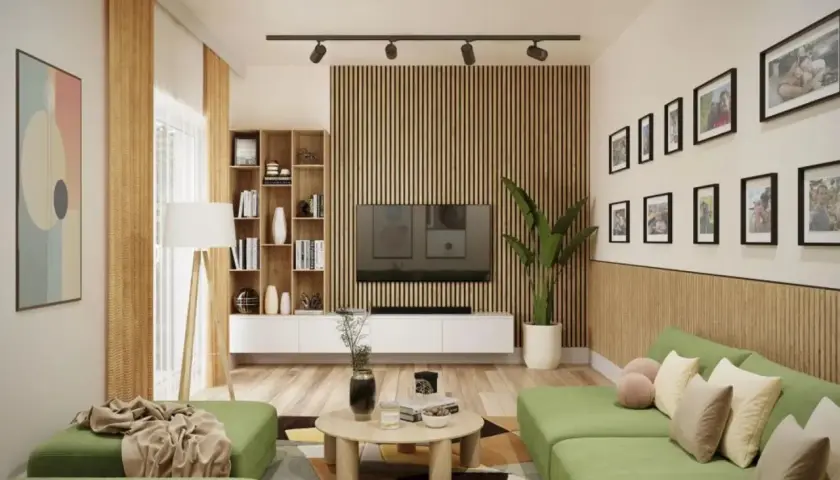 Nowoczesny salon z zieloną kanapą i różnymi rodzajami lameli na ścianie, tworzącymi ciepłą atmosferę.
