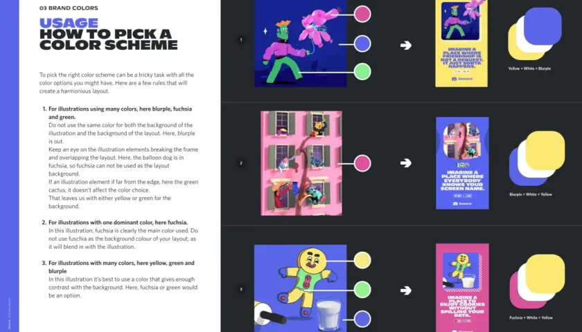 Ilustracje z przykładami doboru schematów kolorów dla marki Discord.