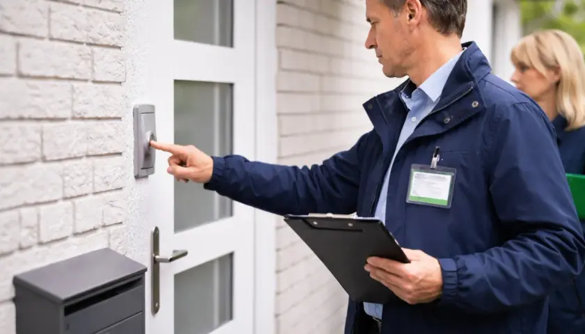Mężczyzna w granatowej kurtce z identyfikatorem dzwoni do drzwi, trzymając teczkę. Czy ZUS kontroluje w weekend?