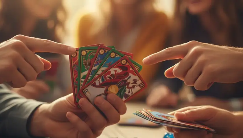 Des mains échangent des cartes colorées, illustrant une **activité EVG** ludique et conviviale.