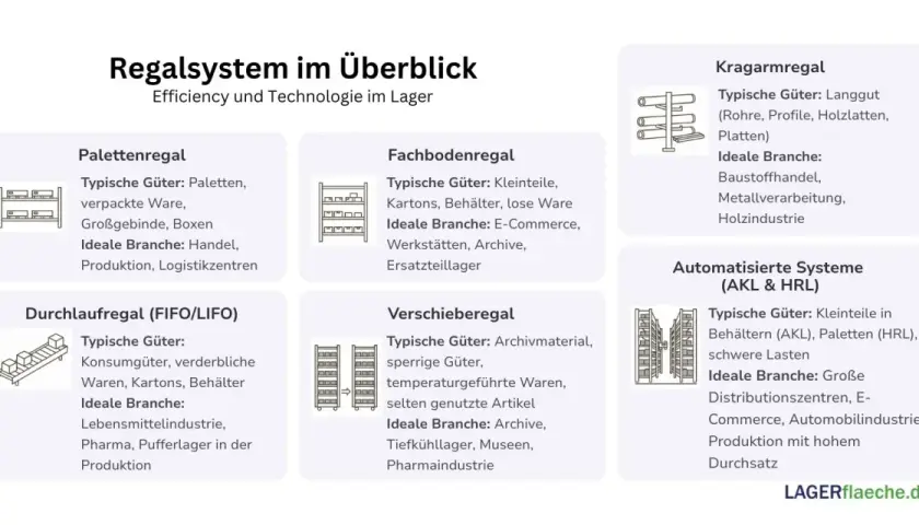 Überblick über verschiedene Regalarten: Paletten-, Fachboden-, Kragarm-, Durchlauf-, Verschiebe- und automatisierte Regalsysteme für diverse Branchen.