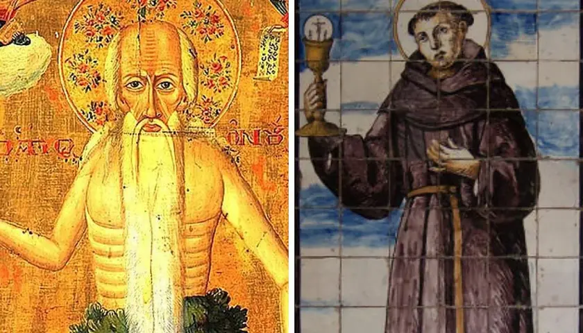 Dos imágenes religiosas: un hombre barbudo con halo y un monje con cáliz. Celebrando el santa alicia dia.