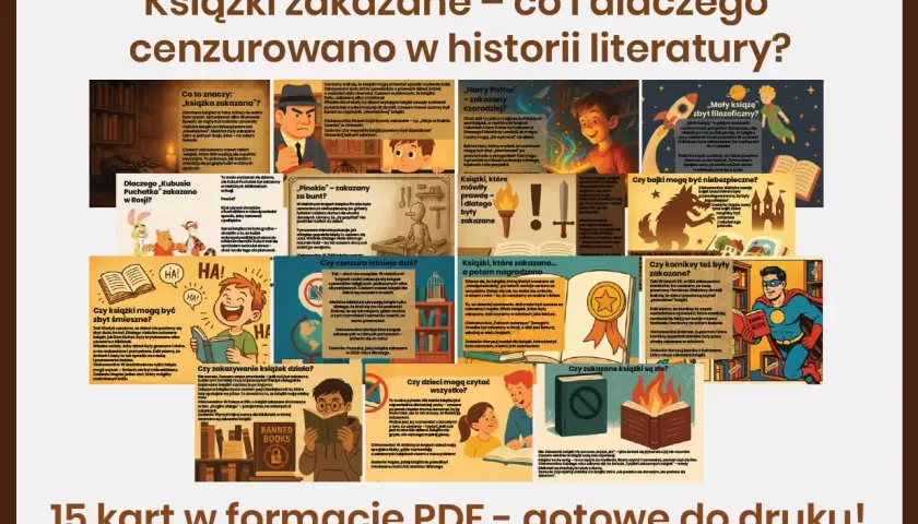 Ilustracja przedstawia kolaż z grafikami i tekstami na temat książek zakazanych w Polsce i na świecie.