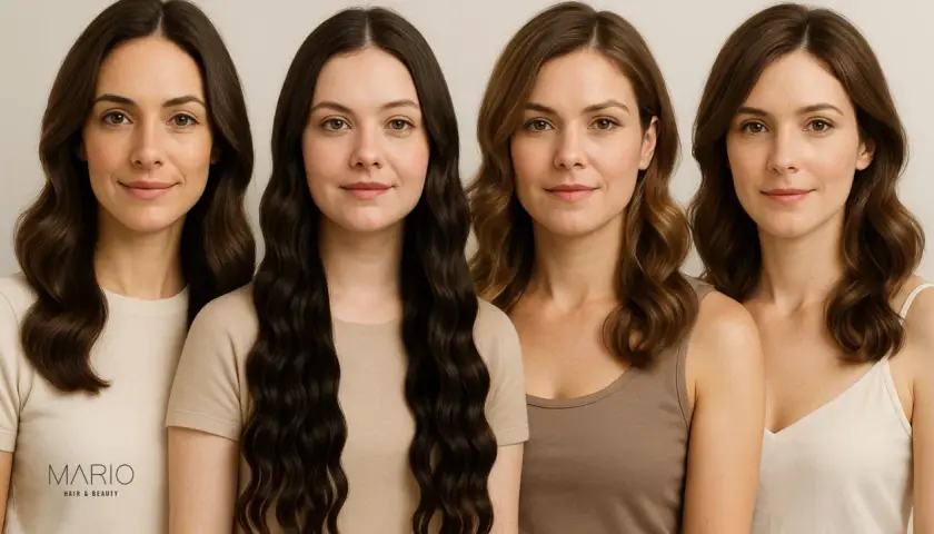 Cuatro mujeres lucen estilos de cabello con ondas surferas, desde castaño oscuro hasta rubio.