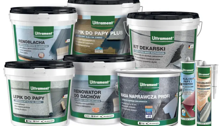 Zestaw produktów Ultrament: bitumiczny uszczelniacz dekarski, masy naprawcze i kleje do papy i gontów.