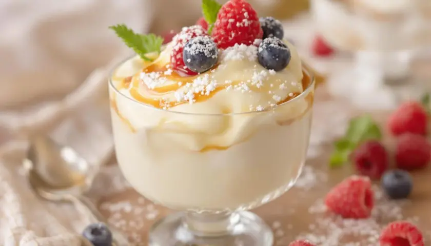 Crème chiboust onctueuse, garnie de fruits rouges frais, de coulis de caramel et saupoudrée de sucre glace. Un délice visuel et gustatif.