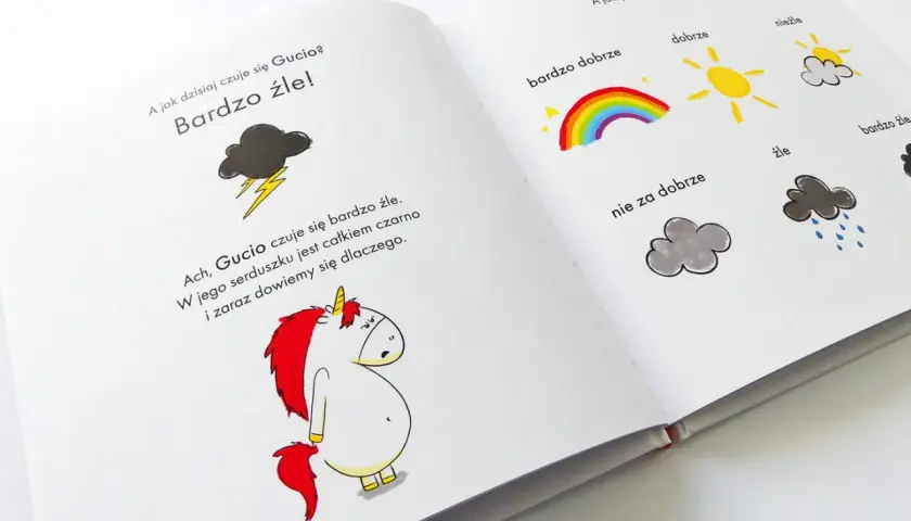 Książka o tym, jak radzić sobie ze złością. Gucio czuje się źle, a ilustracje pokazują różne nastroje.