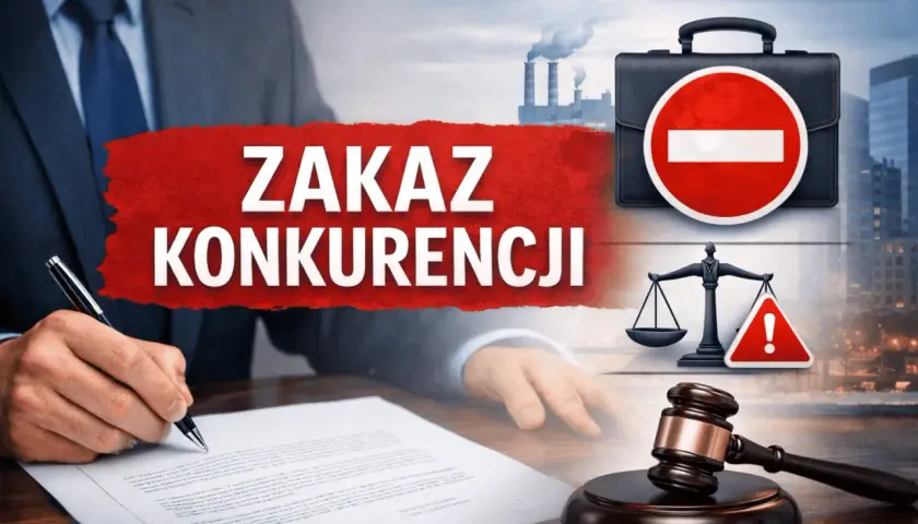 Biznesmen podpisuje dokumenty. Na tle symbole: zakaz konkurencji, waga sprawiedliwości, młotek sędziowski i fabryka.