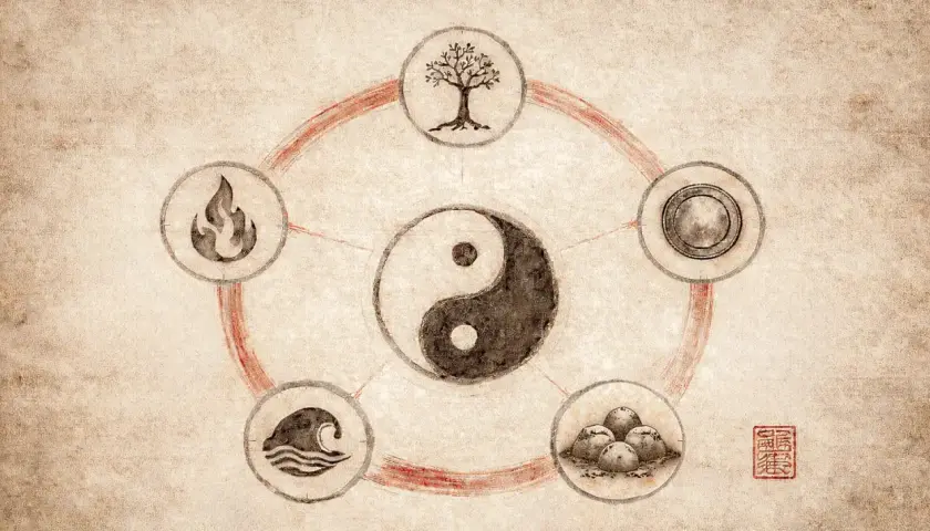 Cerchio di 5 elementi: fuoco, albero, metallo, acqua e terra, con simbolo Yin e Yang al centro.