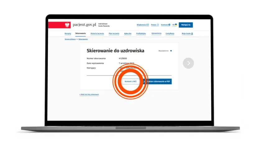 Szukając wzoru zmiany terminu wyjazdu do sanatorium z NFZ, widzisz skierowanie do uzdrowiska na portalu pacjent.gov.pl.