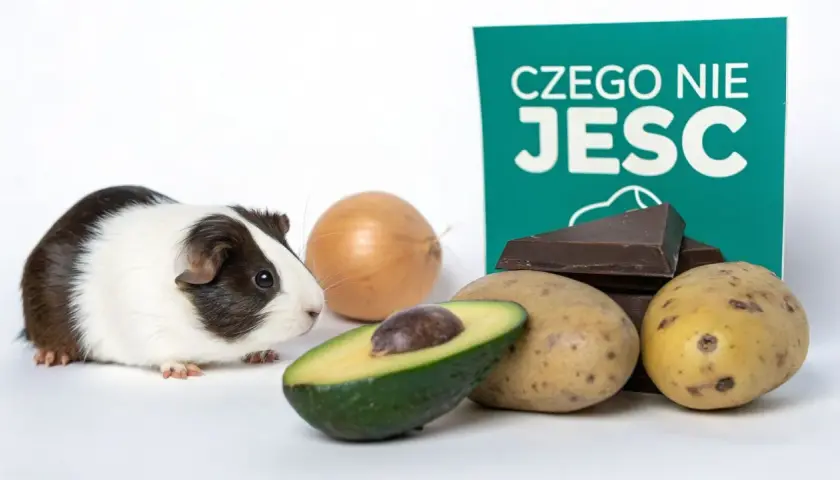 Świnka morska obok awokado, ziemniaków, czekolady i cebuli. Tabliczka informuje "Czego nie jeść".