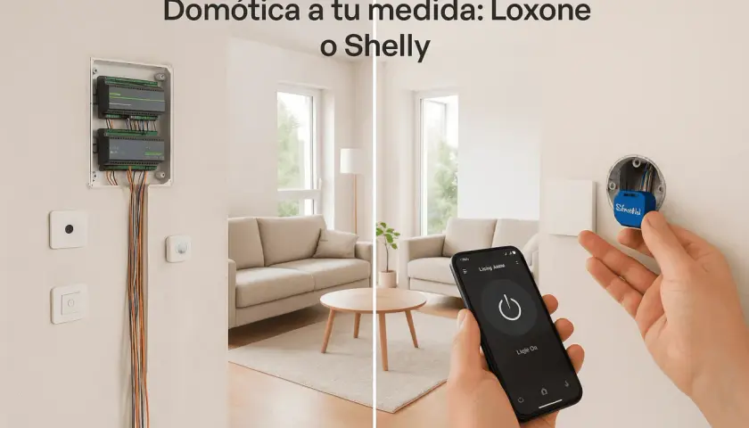 Control de iluminación domótica: instalación de módulos Shelly y Loxone, gestionados desde un smartphone en un salón moderno.