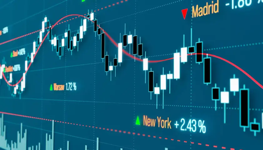Aktienkurs-Chart mit Kerzen und Linien. Ein ETF für Private Equity zeigt positive und negative Entwicklungen in New York, Warschau, Mailand und Madrid.