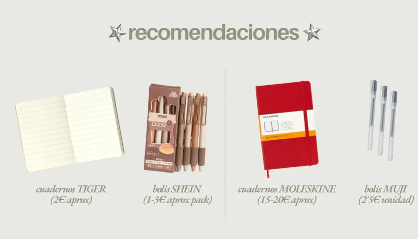 Ideas para journaling: cuadernos TIGER, bolis SHEIN, Moleskine y MUJI.