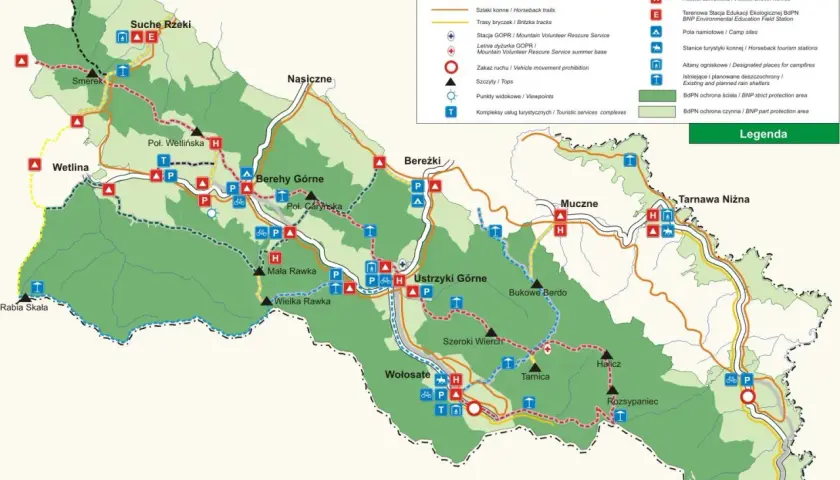 Mapa turystyczna Bieszczadów, gdzie zaczynają się bieszczady. Znajdziesz tu szlaki, schroniska i punkty widokowe.