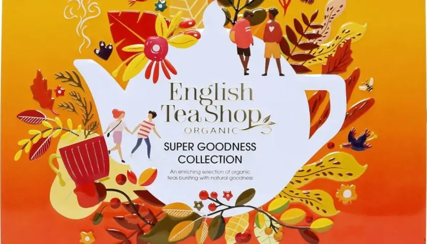 Pudełko herbaty English Tea Shop Organic z motywem jesiennym. Zawiera 36 saszetek 6 różnych mieszanek.