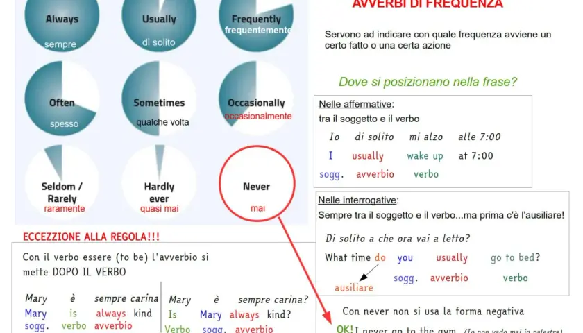 Diagramma con avverbi di frequenza in inglese: Always, Usually, Often, Sometimes, Seldom/Rarely, Hardly ever, Frequently, Occasionally, Never. Spiega la loro posizione nelle frasi.