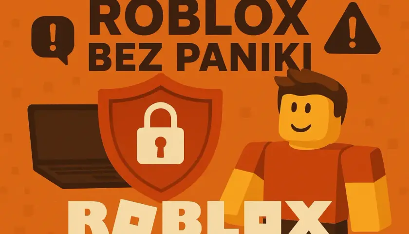 Grafika z hasłem "ROBLOX BEZ PANIKI" i ikonami bezpieczeństwa. Od ilu lat jest Roblox? Odpowiedź w grafice.