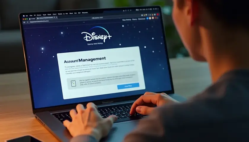 Osoba na laptopie przegląda stronę "Account Management" Disney+, szukając informacji, jak anulować subskrypcję Disney Plus.