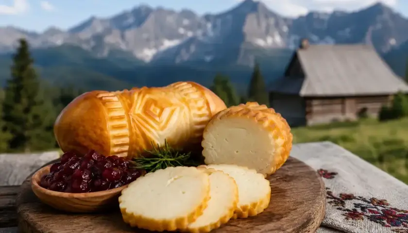 Tradycyjne oscypki z żurawiną na tle górskiej chaty. Poznaj, jak się robi oscypki, symbol Podhala.