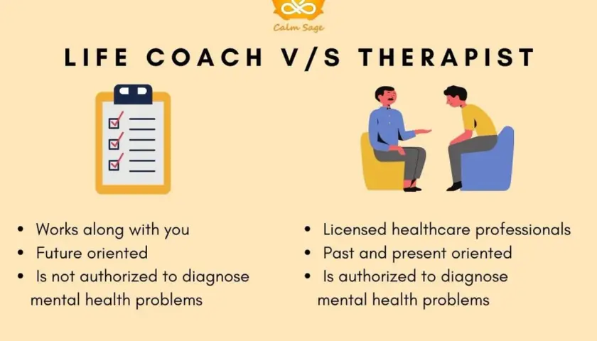 Infographic comparing coaching vs therapy. A checklist represents coaching, while two people talking in chairs represent therapy.