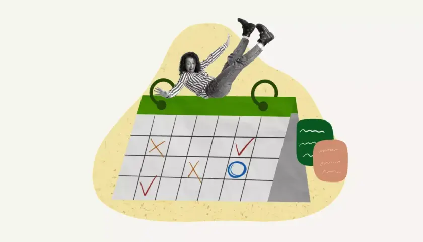 Une femme s'affale sur un calendrier marqué de croix et de coches, symbolisant le remboursement anticipé d'un PTZ.