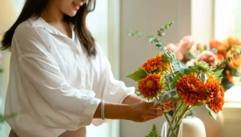 Une femme arrange une composition florale aux couleurs vives, mêlant feuillage et fleurs orangées.