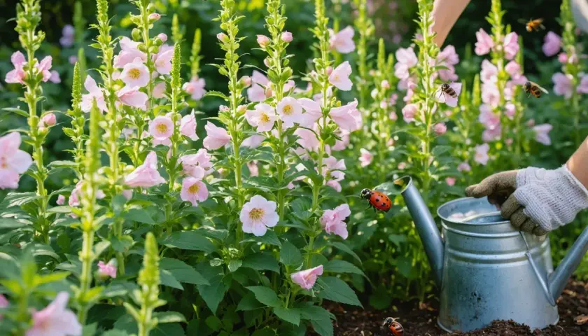 Un jardinier arrose des fleurs de hibiscus syriacus roses, tandis que des coccinelles et des abeilles butinent.
