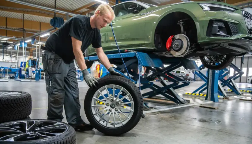 Mekaniker byter däck på en grön Audi. Det är dags för hjulskifte datum, så bilen lyfts upp på en billyft.