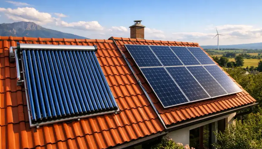 Un panneau solaire ou photovoltaïque sur un toit de tuiles rouges, avec un chauffe-eau solaire à tubes bleus à côté. Le paysage verdoyant et une éolienne en arrière-plan.