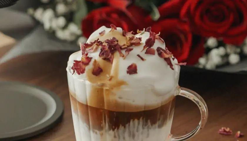Ein köstlicher Mokka mit Milch, gekrönt mit cremigem Schaum und Rosenblättern. Im Hintergrund rote Rosen.