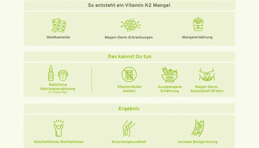 Vitamin K2 unterstützt die normale Blutgerinnung. Die Grafik zeigt Ursachen für Mangel & Maßnahmen zur Förderung.