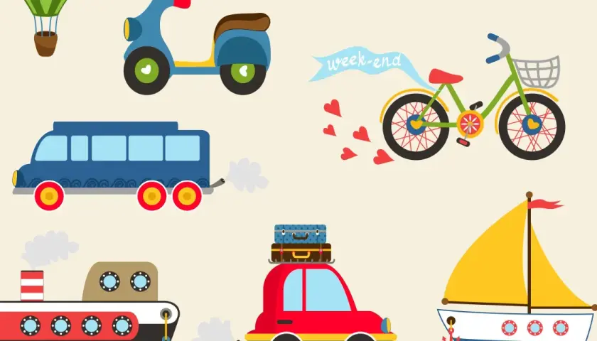 Ilustración de un proyecto de medios de transporte infantil: globo aerostático, moto, autobús, bicicleta, coche con maletas, barco de vela y barco de vapor.