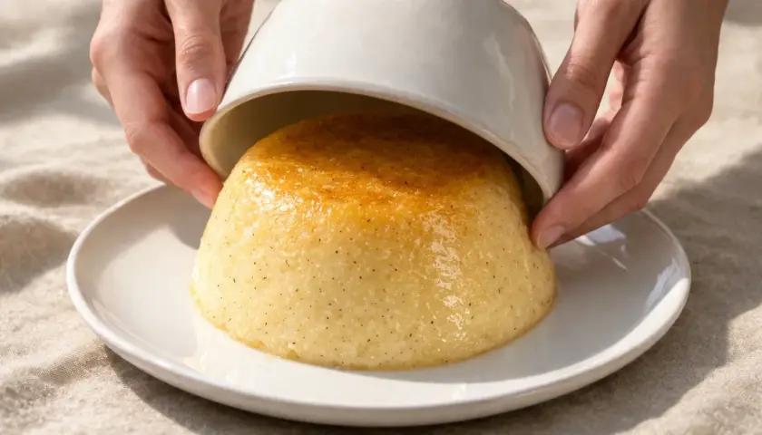 Un délicieux gâteau de semoule, doré et parsemé de vanille, est démoulé sur une assiette blanche.