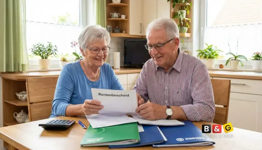 Älteres Paar prüft Rentenbescheid. Mögliche einmalige Auszahlung der betrieblichen Altersvorsorge und Krankenversicherung wird besprochen.
