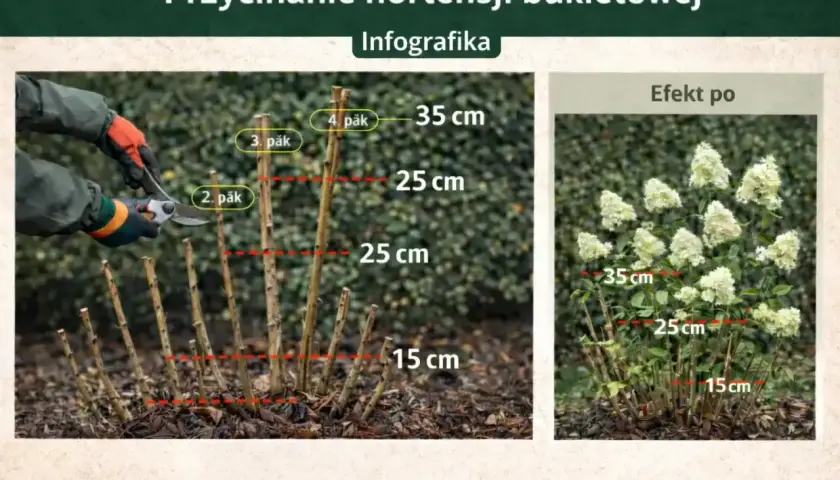 Instrukcja jak przycinać hortensje ogrodową: przycinanie pędów na różne wysokości (15, 25, 35 cm) dla obfitego kwitnienia.