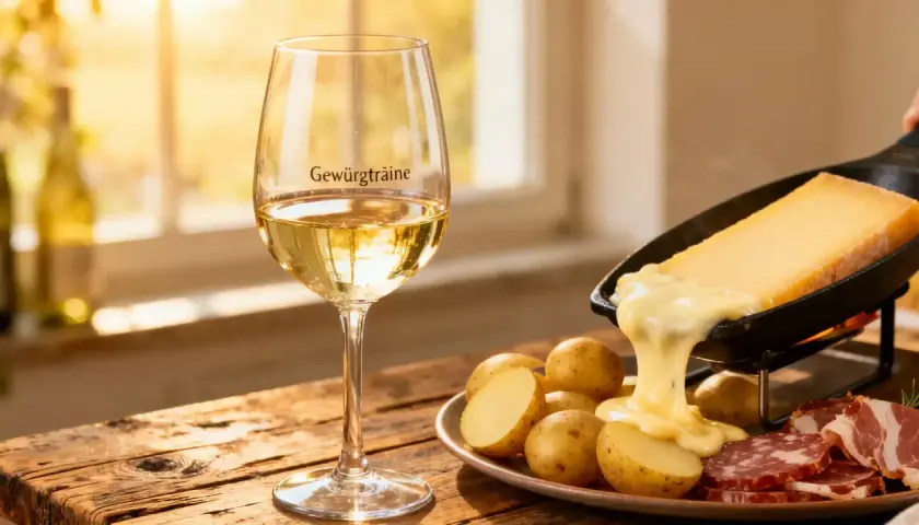 Verre de Gewurztraminer à côté d'une raclette fondante, pommes de terre et charcuterie. Une scène parfaite pour la conservation du Gewurztraminer.