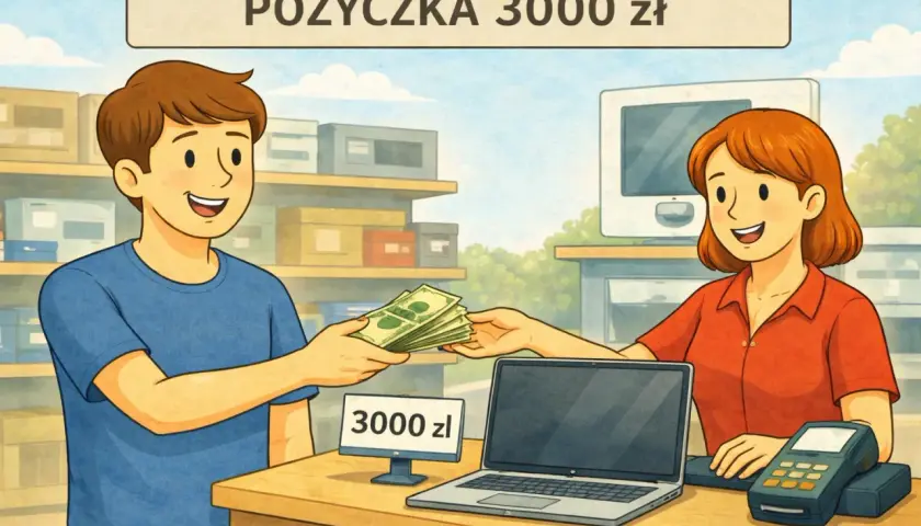 Chłopak kupuje laptopa za 3000 zł, płacąc gotówką. To jego nowy kredyt konsumpcyjny.