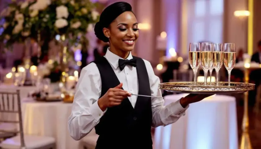 Serveuse souriante portant un plateau de coupes de champagne. Idéal pour un mariage, découvrez le serveur pour mariage tarif.