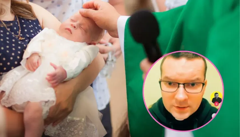 Chrzest dziecka, które może być nieślubne, odbywa się w kościele. W tle widać księdza i małą dziewczynkę w białej sukience.