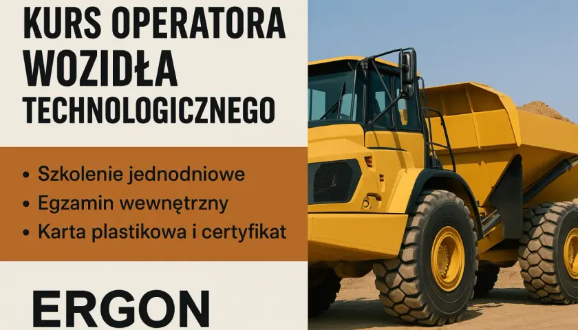 Kurs operatora wozidła technologicznego. Szkolenie, egzamin, certyfikat. Duża żółta maszyna budowlana.