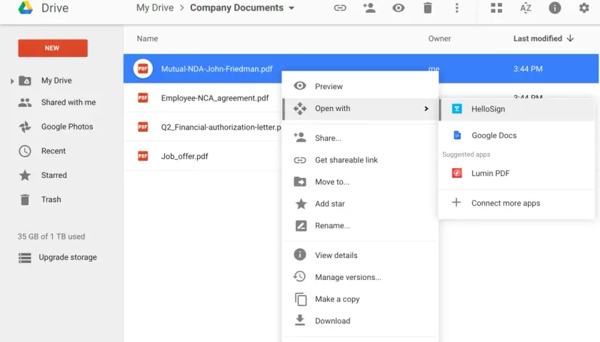 Menú contextual en Google Drive para abrir un PDF con Google Docs, útil para saber como firmar en Google Docs.