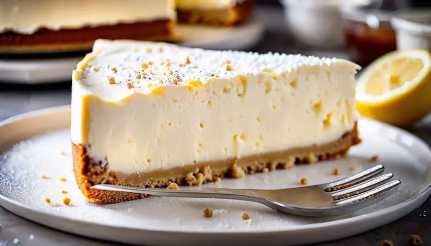 Tranche de cheesecake sans cuisson crémeux, garnie de miettes et de sucre glace, avec un quartier de citron à côté.