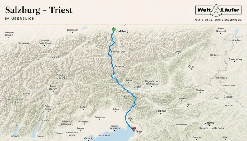Karte zeigt eine Route von Salzburg nach Triest, ideal für einen Roadtrip durch die Alpen.