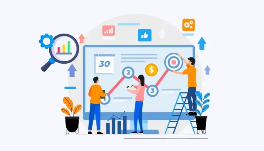 Des personnes analysent un graphique sur un écran, illustrant le marketing attribution. Des icônes de succès et de croissance sont visibles.