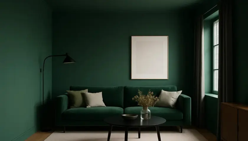 Nowoczesny salon z ciemnym sufitem w odcieniu głębokiej zieleni. Wygodna, zielona kanapa, czarny stolik kawowy i minimalistyczna lampa tworzą przytulną atmosferę.