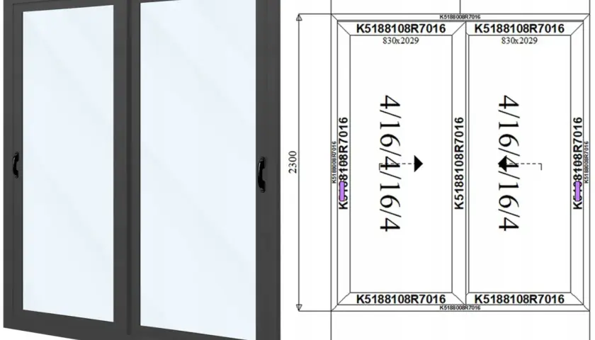 Drzwi tarasowe dwuskrzydłowe, wymiary 2000x2300 mm. Każde skrzydło ma 830x2029 mm.